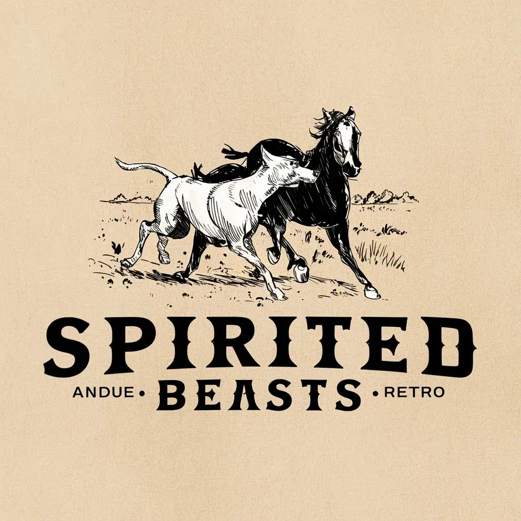 LOGO-Design-For-Spirited-Beasts-Vintage-Sketch-of-Dog-and-Horse-in-Nature