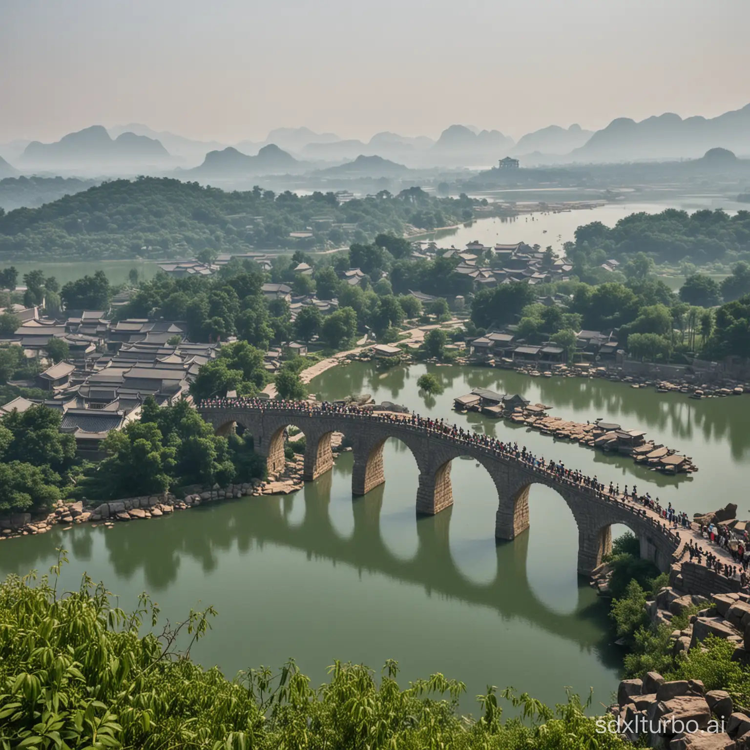 /I A super huge stone stone arch bridge, farmers, lake, there are many Chinese buildings in the distance