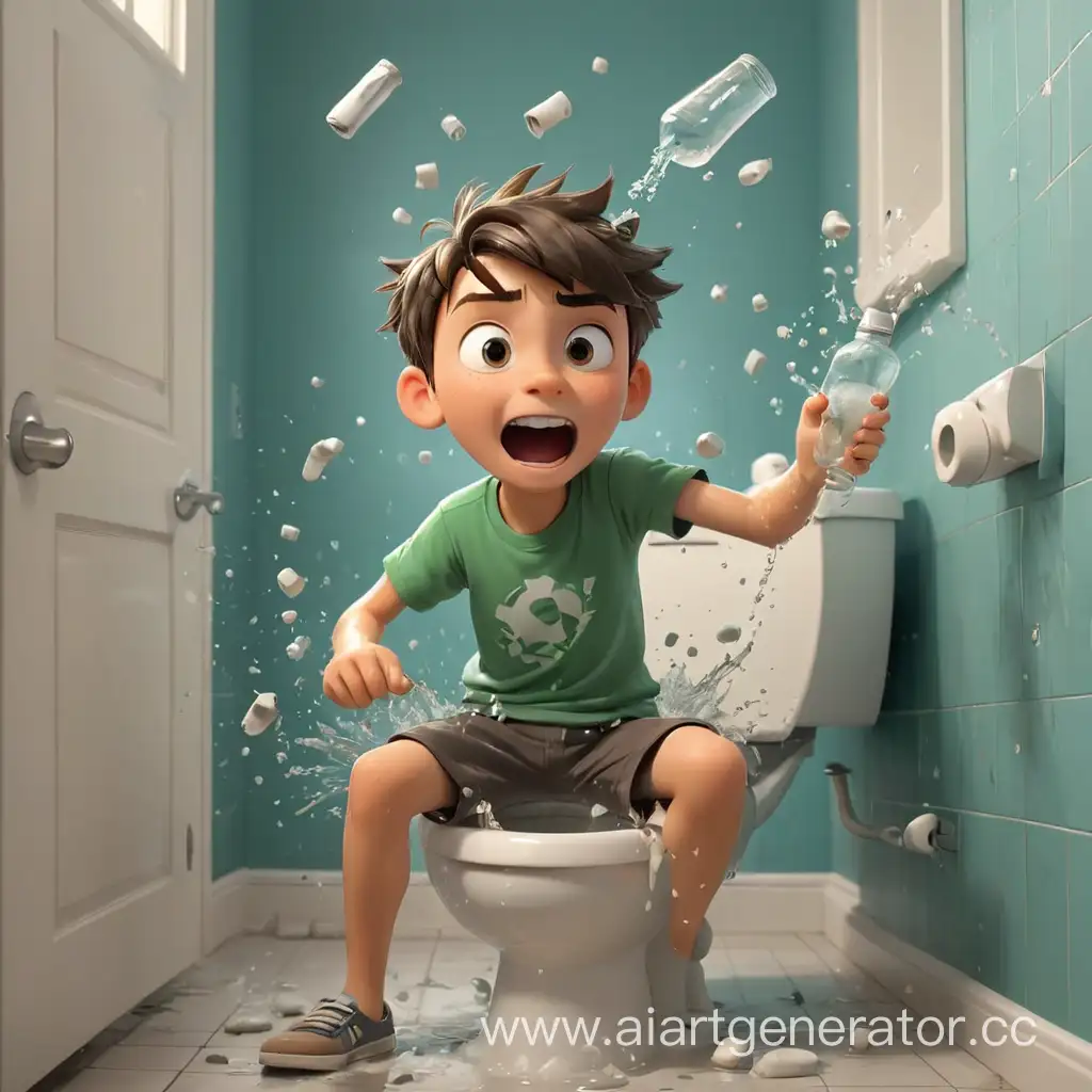 Сгенерируй мультящное изображение, где мальчик кидает бутылки в туалет, а вокруг унитаза брызги