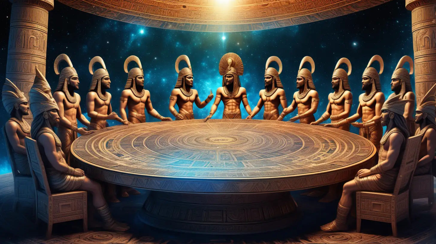 8k vivid illustration of Anunnaki deities convening at a round table, celestial radiance illuminating their features, each god with distinct characteristics, vibrant and cosmic background, intricate carvings on the table's surface, inspired by the grandeur of classical mythology and cosmic themes, divine presence.