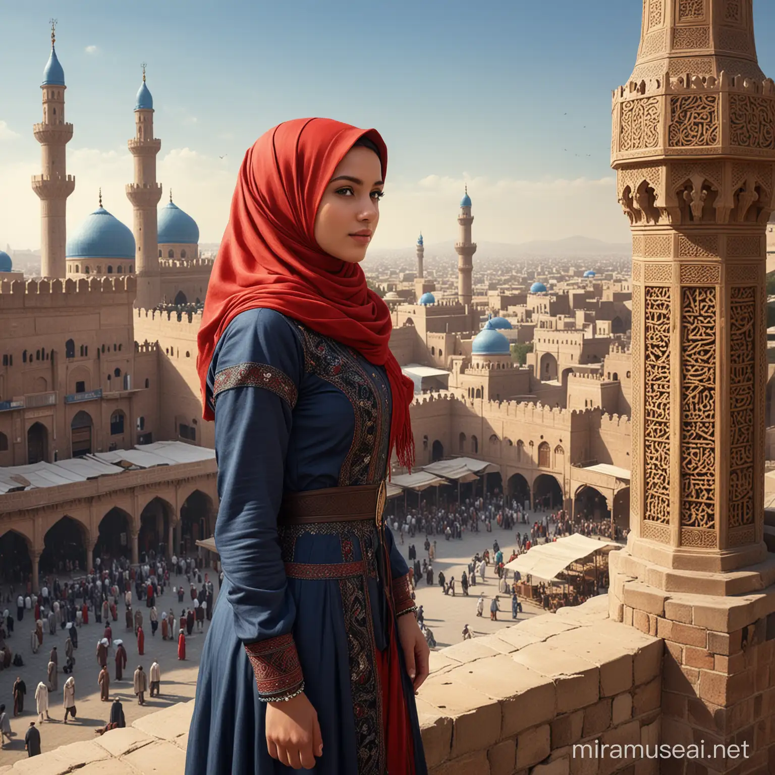 Real picture, 1girll, hijabi, red hijab, black cadar, blue jubah wearing, 100% beautifull face girl, detail, super realistic. and Generate an illustration depicting an Islamic cityscape during the medieval period. Show towering minarets and domed mosques dominating the skyline, with intricate geometric patterns adorning their facades. Surround the city with fortified walls, punctuated by ornate gates adorned with Arabic calligraphy. Within the city, depict bustling markets filled with merchants selling spices, textiles, and exotic goods from distant lands. Show scholars engaged in deep discussions outside libraries and madrasas, while craftsmen ply their trades in workshops scattered throughout the streets. Ensure that the attire and architecture reflect the cultural and architectural motifs prevalent in medieval Islamic societies.