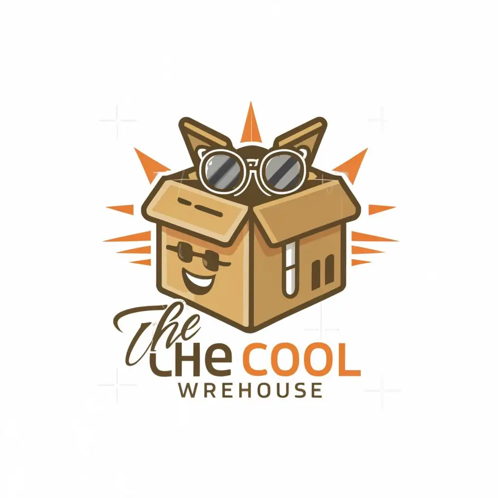 a logo design,with the text "The cool warehouse", main symbol:A cool cardboard shipping box with sunglasses on to show that its cool, happy, big glow coming from around box,Moderate,be used in Internet industry,clear background