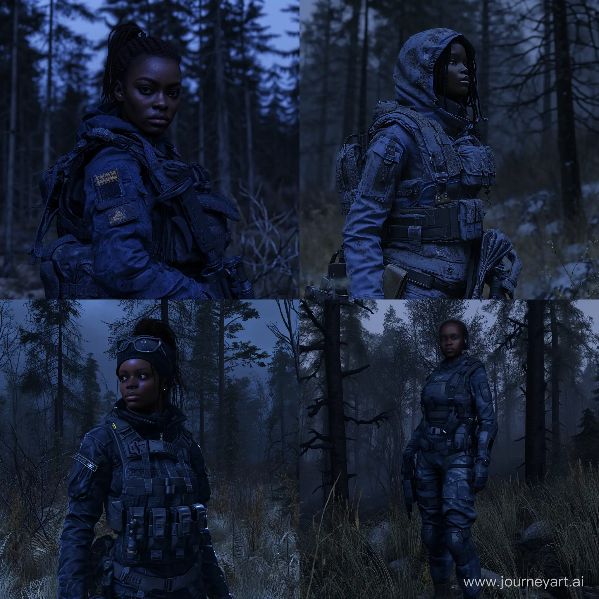 beautiful dark skin female in S.T.A.L.K.E.R as mercenary in darkblue tactical equipment dead trees dark forest