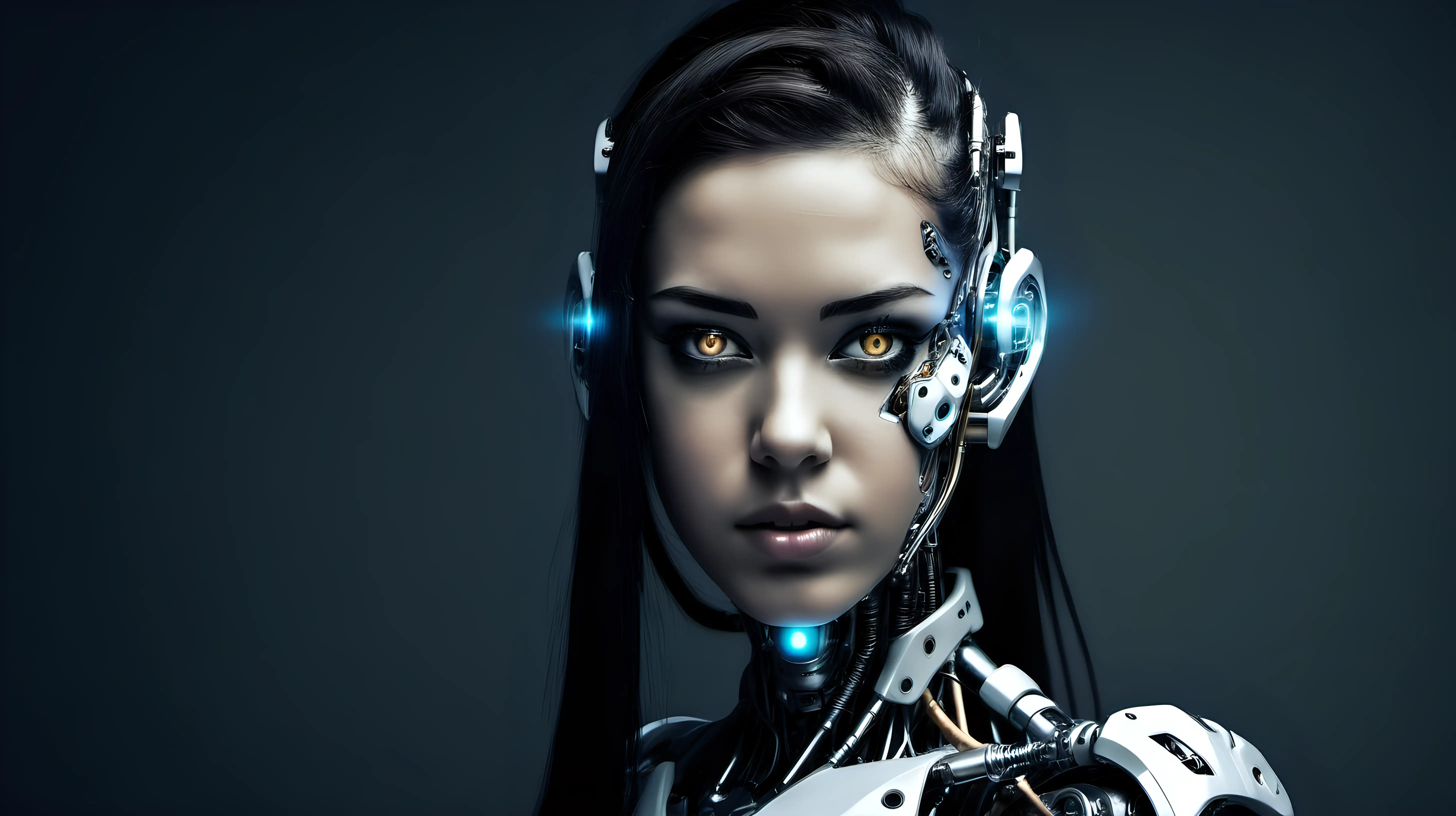 Cyborg woman, 18 years old. She has a cyborg face, but she is extremely beautiful. She has dark hair. 