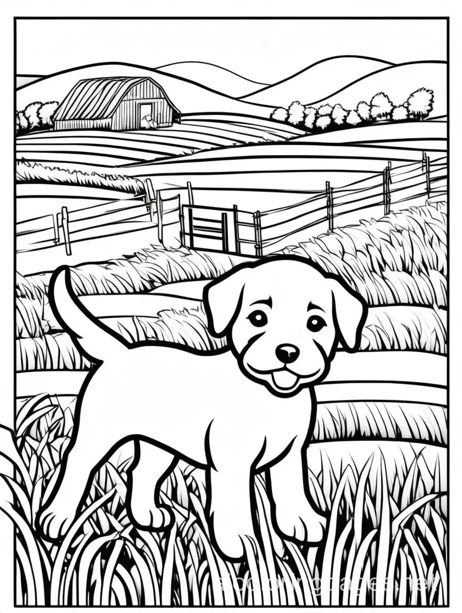 puppy farming in fields. white background in png form, Coloring Page, black and white, line art, white background, Simplicity, Ample White Space. The background of the coloring page is plain white to make it easy for young children to color within the lines. The outlines of all the subjects are easy to distinguish, making it simple for kids to color without too much difficulty