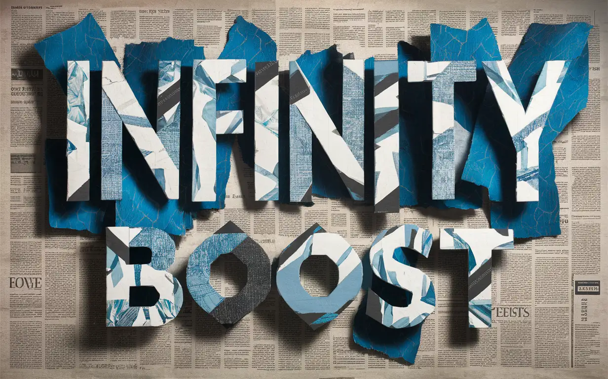 The image is a creative and artistic representation of the text "INFINITY BOOST". 
The word "INFINITY" is made up of many pieces of torn paper, each with blue colors and patterns. These sheets are arranged to form letters, creating an interesting visual effect. The color palette includes shades of white, blue, gray and black that give the work vibrancy and depth. 
Beneath the word "INFINITY" is the phrase "BOOST" done in a similar technique. The background looks like a white surface that mimics the look of aged newspaper scraps.