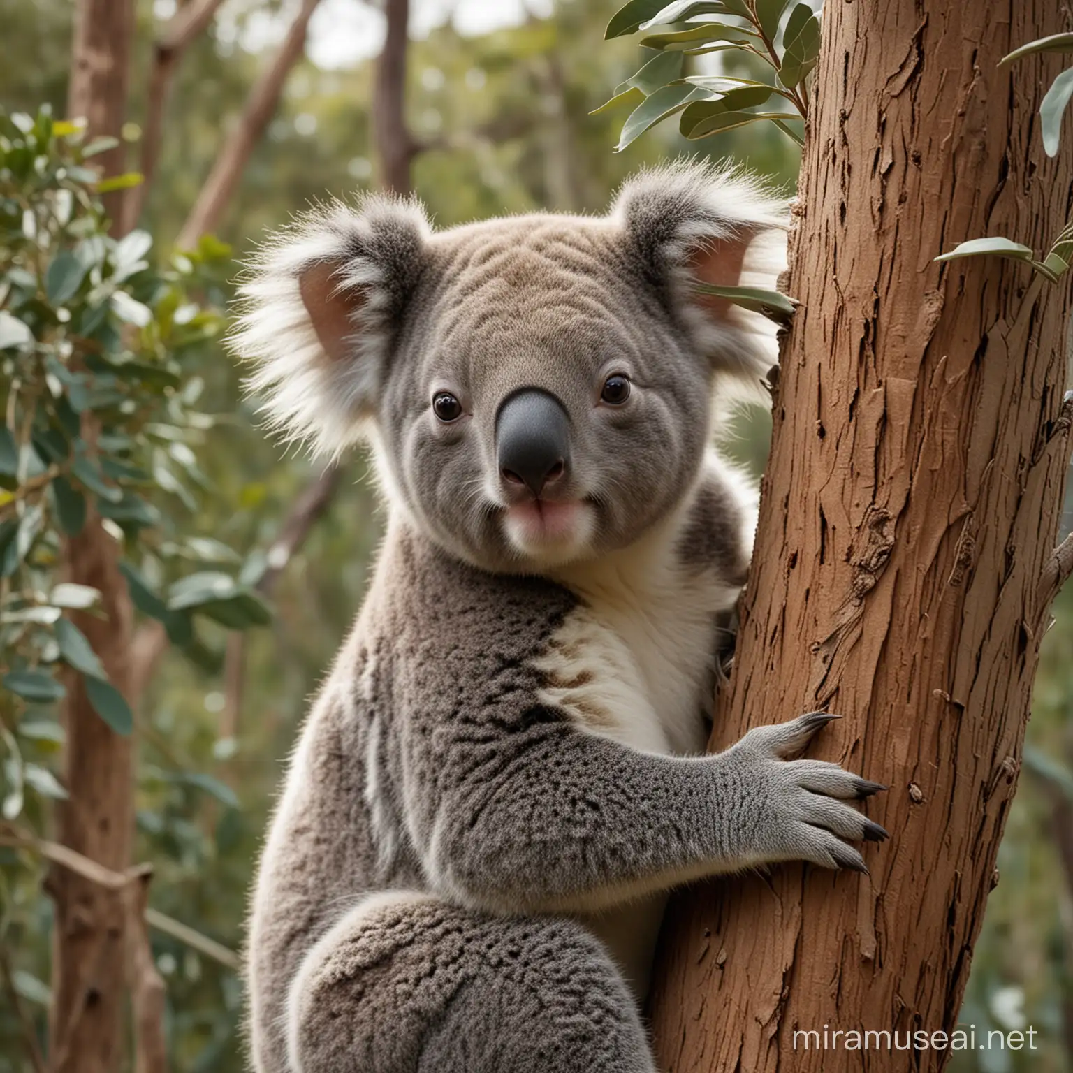 imagine a koala clinging to a eucalyptus tree in the Australian bush. The medium is photorealistic, capturing the cuteness and calmness of the koala, the rough texture of the tree, and the dry landscape of the bush. The style is reminiscent of wildlife photography by Robert Irwin, with a focus on the unique fauna of Australia. The lighting is bright and clear, emphasizing the koala and the eucalyptus tree. The colors are natural and muted, with a palette of gray, green, and brown. The composition is shot with a Nikon D6, using a Nikon AF-S NIKKOR 200-500mm