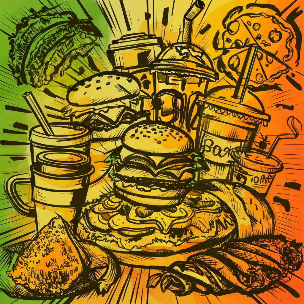 линиями нарисованные бургеры, пицца, напитки с стаканчиках, кофе, фалафель, шаверма, в зелено желто оранжевых цветах