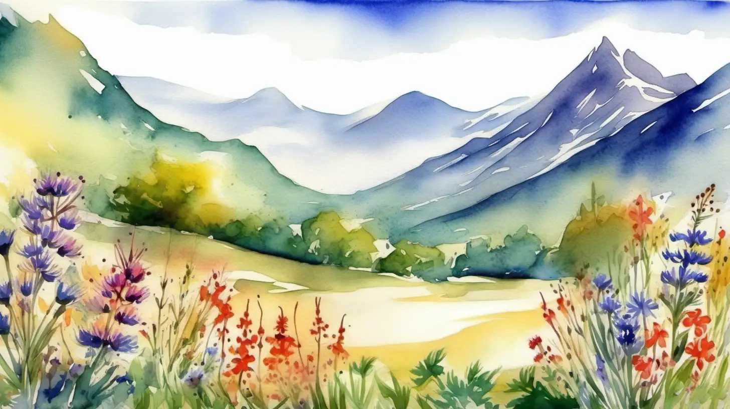 wildflowers landscape with mountains in background
watercolor
