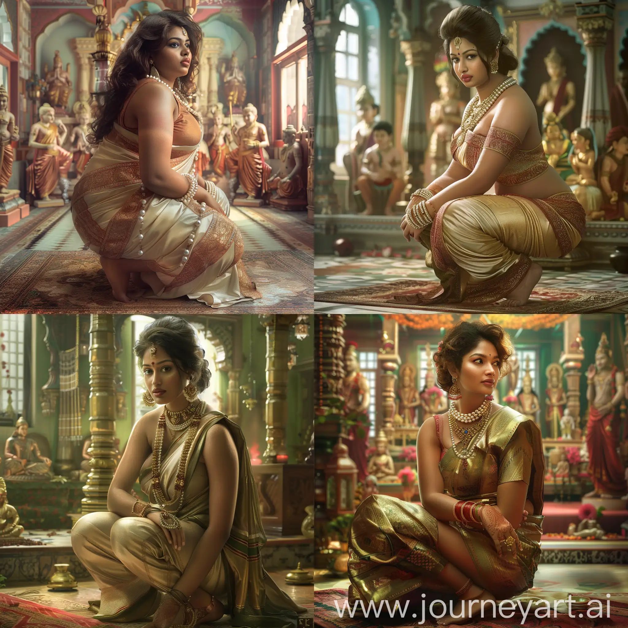 hyper realistic photorealistic visual of a very beautiful, curvy, clad in traditional saree, bangladeshi woman squatting, she wears a large pearl necklace chain, intricately detailed and picturesque lush home pooja hall where idols of Gods are decorated background, waist shot, half body shot