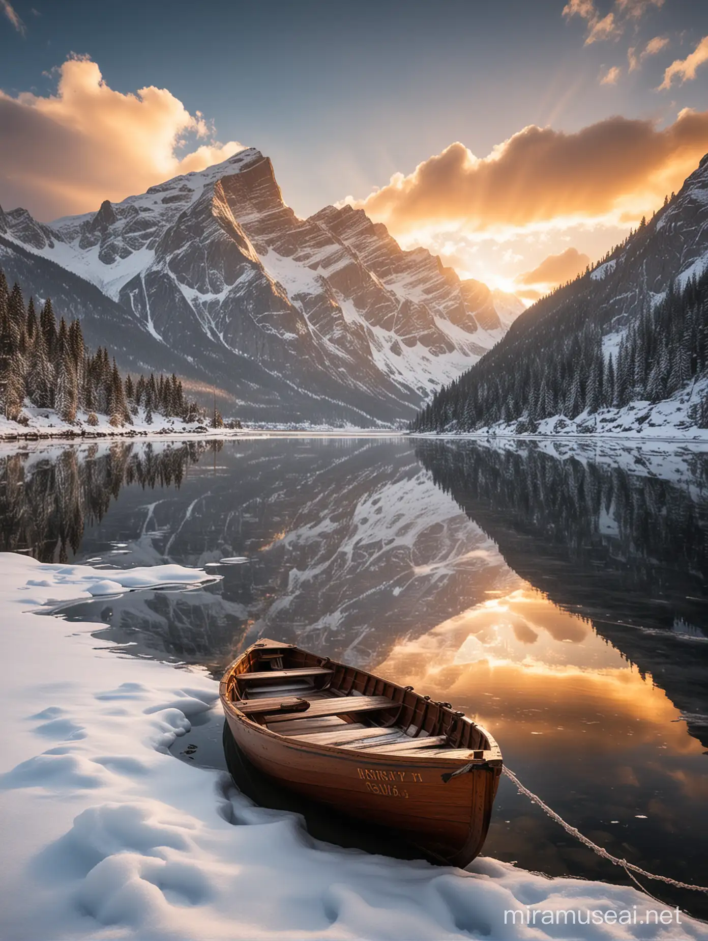 Visualize a serene winter scene: A wooden boat peacefully adrift on a frozen lake. Majestic snow-capped mountains stand tall in the background, with the setting sun casting a golden hue on the clouds above and reflecting its brilliance in the calm waters below