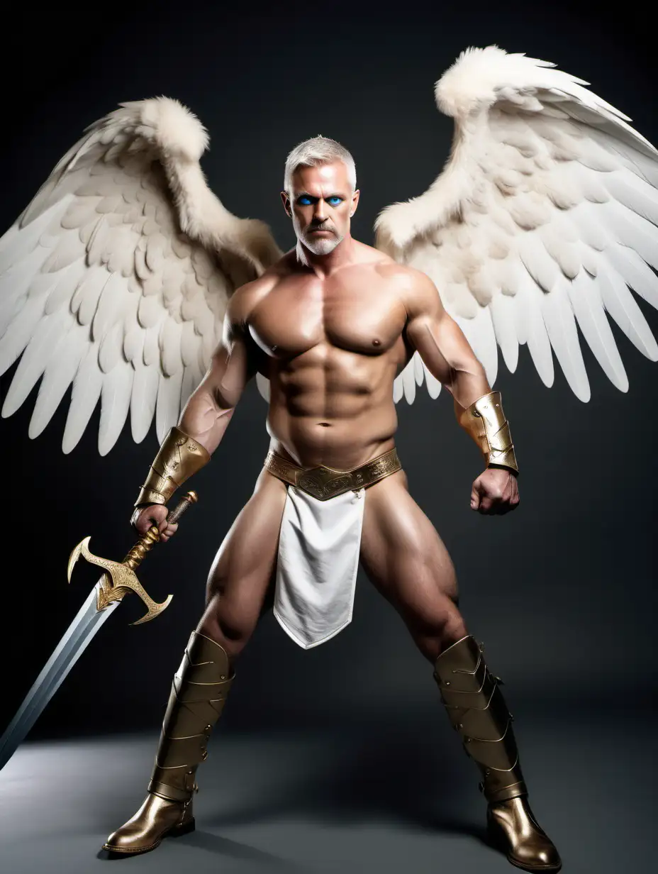 wide angle shot. full length photo of a very sexy 40yo male warrior, nude, burly, muscled and bulky, large shoulders, and thick neck with white short haircut, blue eyes. White designer stubble he has a wing shaped shield, and a golden sword, he wears wing shaped shoulder pads, and golden boots. Dynamic fighting pose.