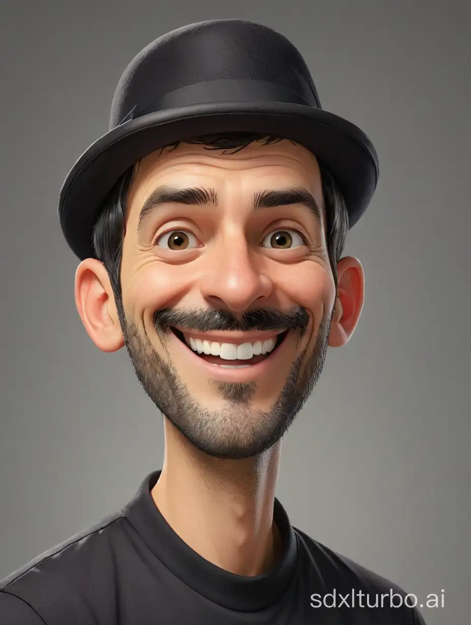 Caricature of a man with a thin beard, short black hair, wearing a bowler hat, wearing a black t-shirt with text "RIVO". Smiling, Gray background