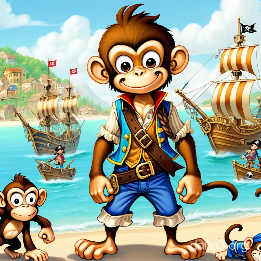 a monkey boy who wants to be a good pirate.he stands on the ground and in the background of a villege on the sea with pirate boats. the monkey boy has blue pants and a brown shirt with colorful vest. no hat and no tail