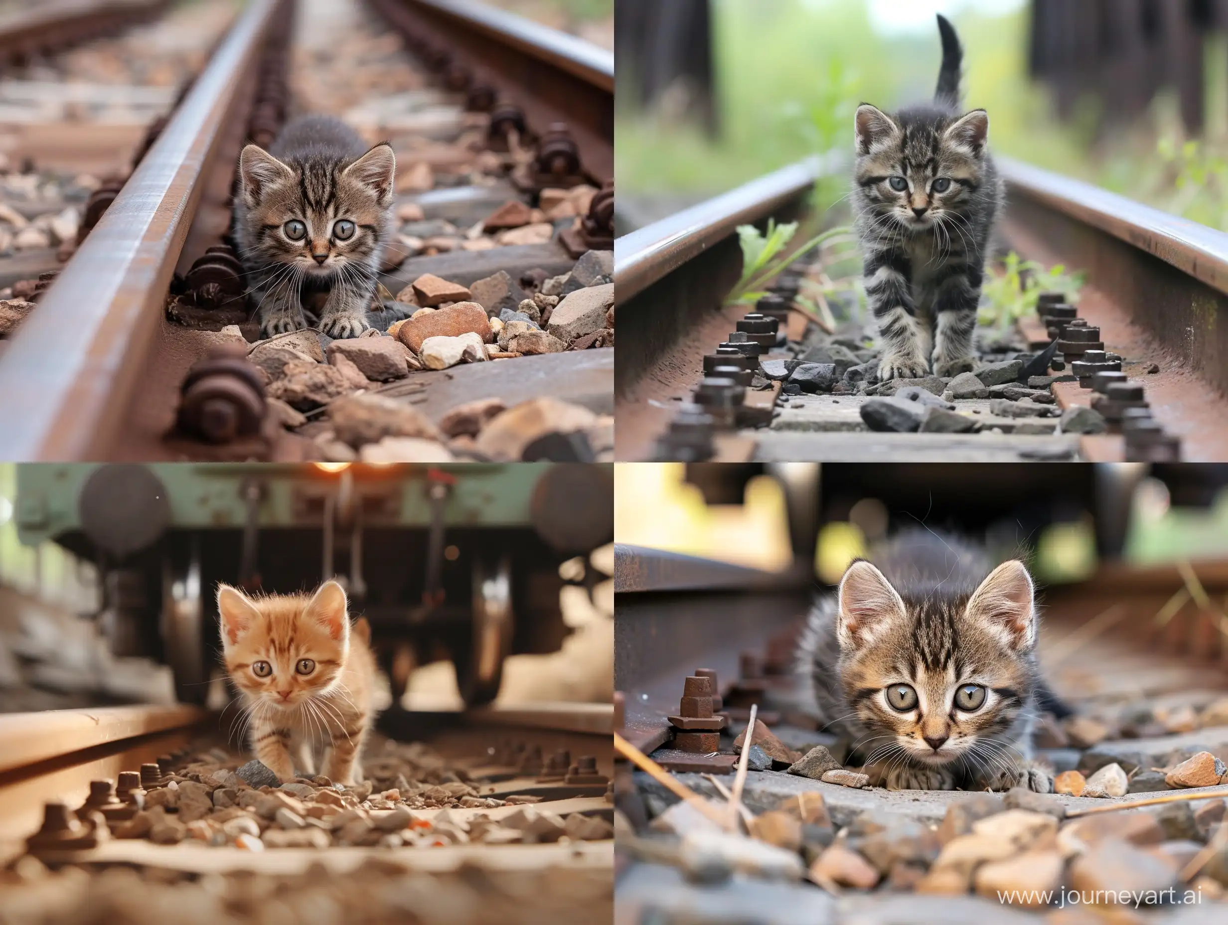 the kitten was thrown under the rails and a train is coming from behind