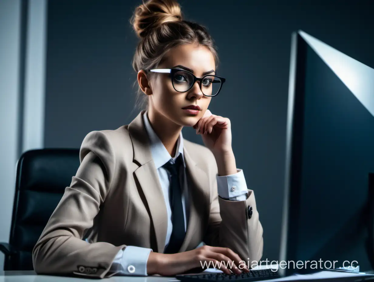 Девушка в очках, одетая в офисно-деловом стиле, думает за своим офисным столом с компьютером на тематику кибербезопасности