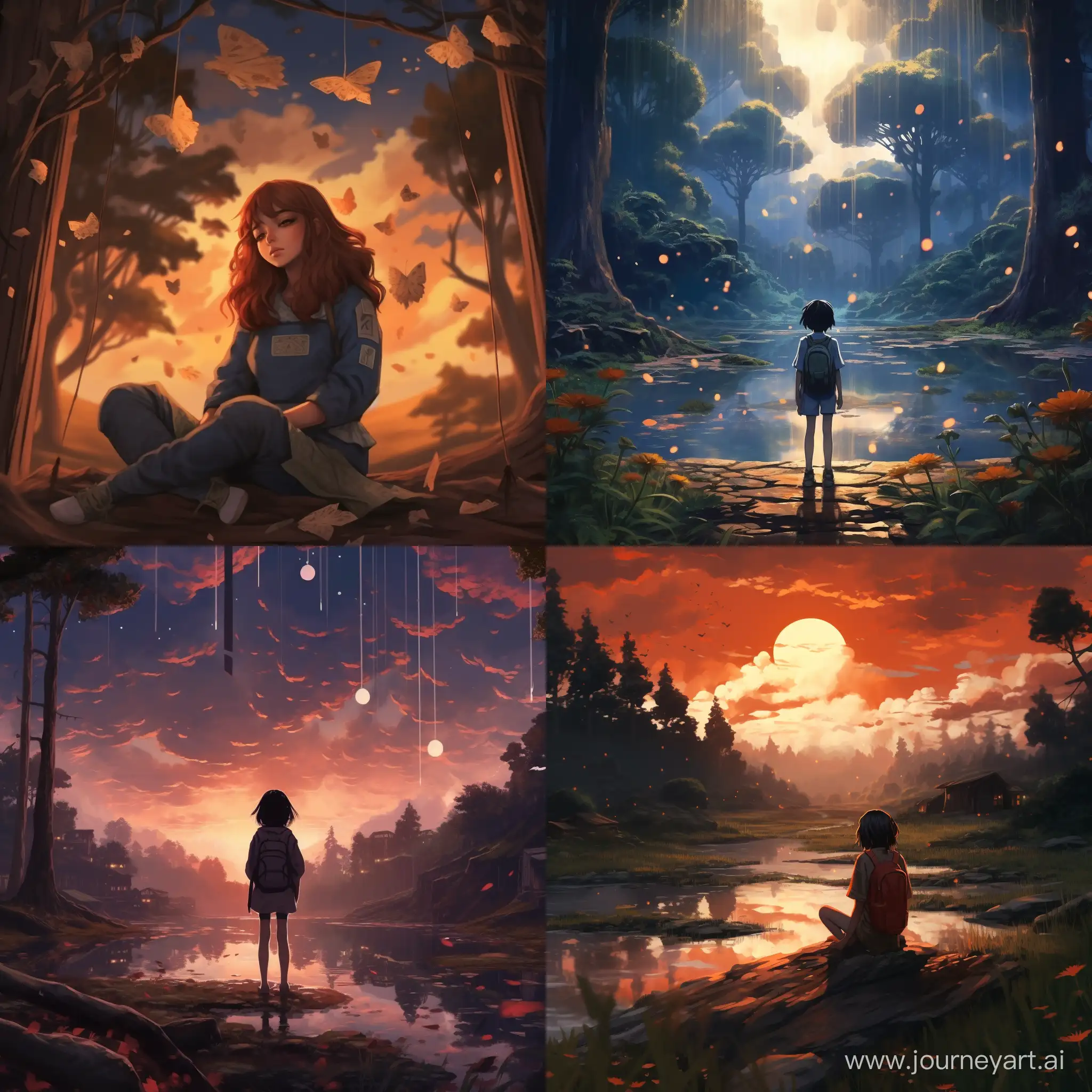 A beautiful scene with a person in the center in anime or ghilbli style that resembles the theme of nostalgia and melancholy, with the title 'Lost Dreams' written and blended with the image. The artwork should be inspired by the trending artworks on artstation.