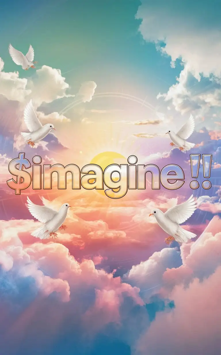 слово "$IMAGINE !!!" на голубом градиентном фоне облаков, белых голубей и солнца в раю