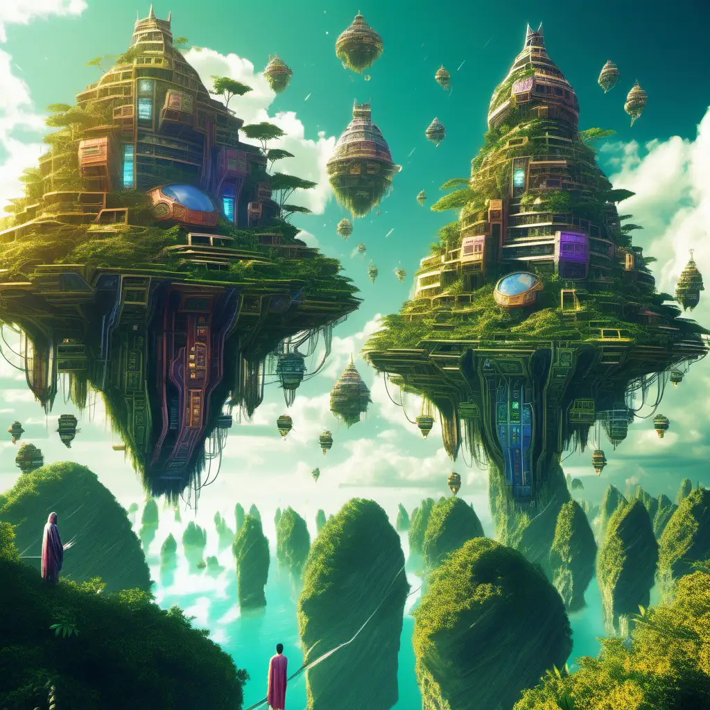 Science fiction characters born of computer code in ceremonial robes living on floating islands with lush vegetation and stone dwellings, sky background is majestic and colorful,