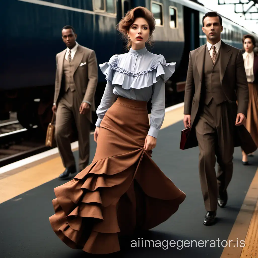 Elegant-Woman-in-Modest-Attire-with-Companions-by-Train