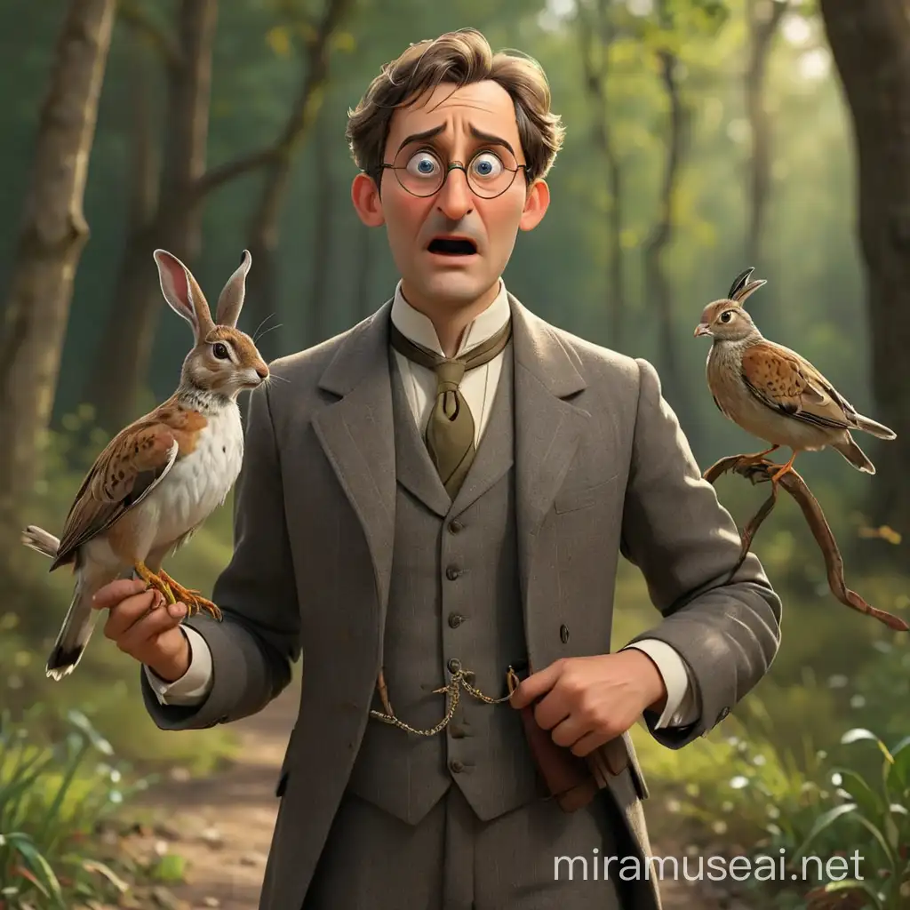 A man in an early 19th century suit, wearing a pince-nez, stands frightened, looking at someone in amazement. In his hands he holds a hare, a partridge and a quail that have been killed and brought back after a hunt.  We see him in full height, with arms and legs. In the style of realism, 3D animation.