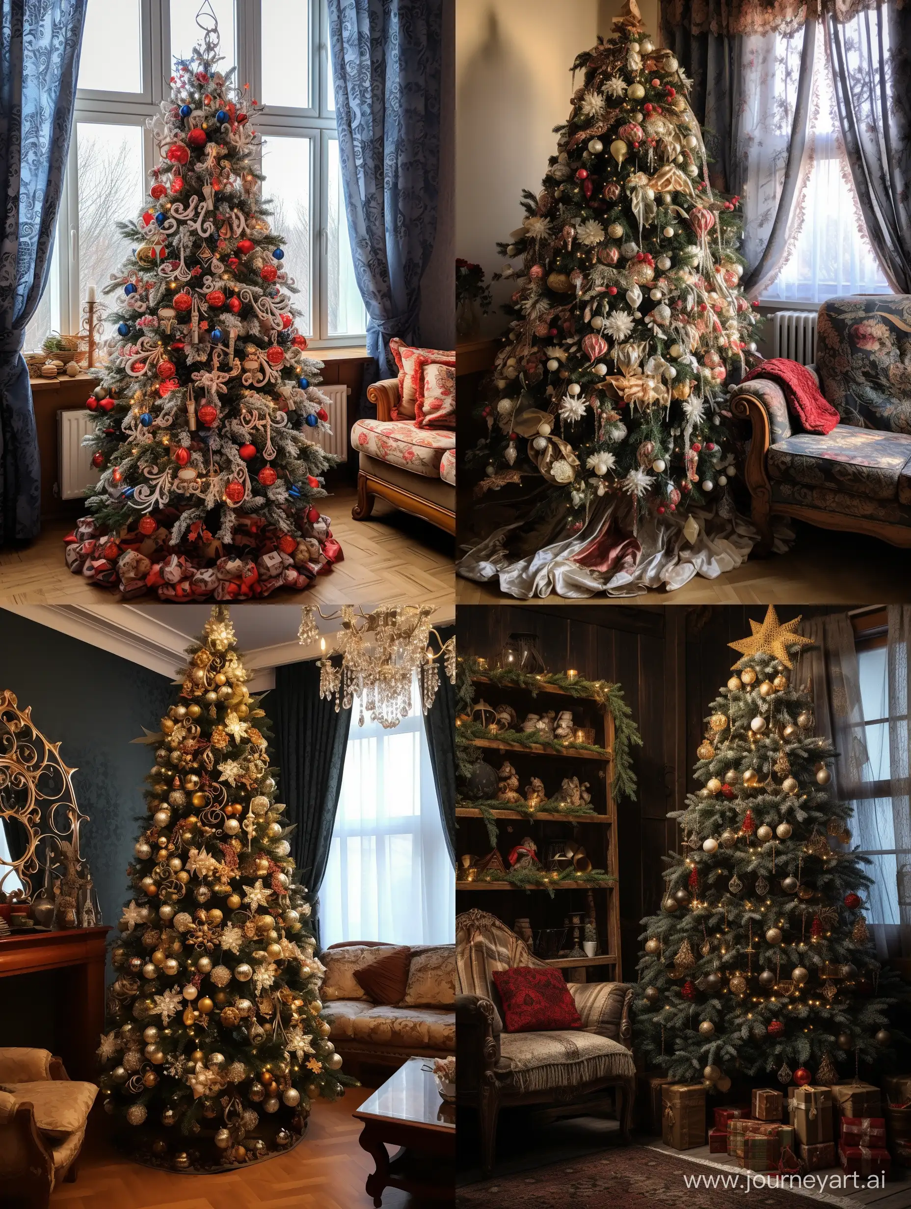 Elegantly-Decorated-Christmas-Tree-with-Dramatic-Lighting-in-a-Siberian-Living-Room