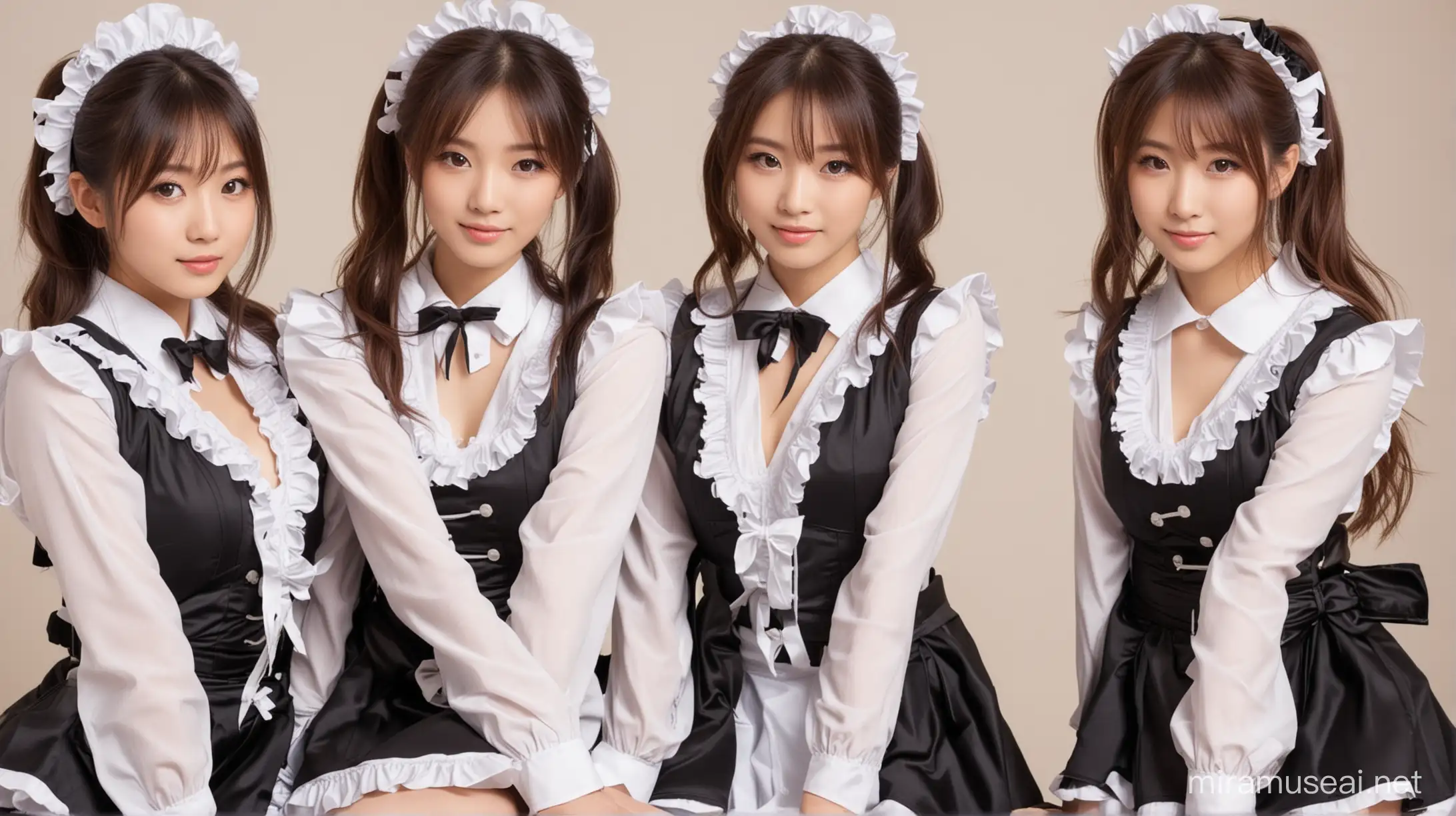 pretty Japanese maids, with black and white maid uniform in poses, sensual curiosity 