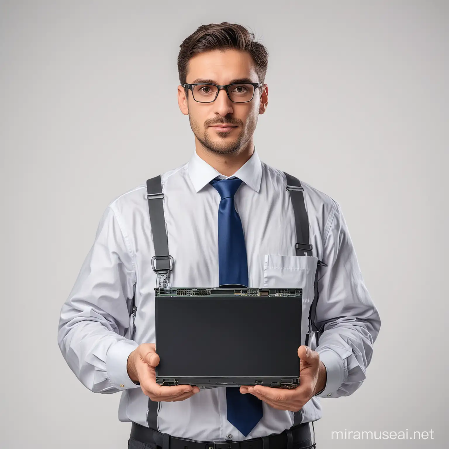 portrait (Waist up) of Computer Repair Expert wearing relevant professional attire on white background