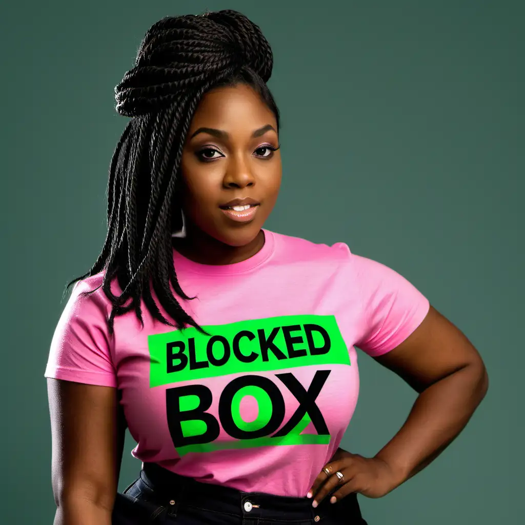 Black woman with long black hair in twists in pink t-shirt with green text on the t-shirt with the words "The Blocked Box"  on his shirt in a fashionable way. Make sure each word in quotes is on her shirt design. She should be using a high fashion pose to show off the words on the shirt. 
