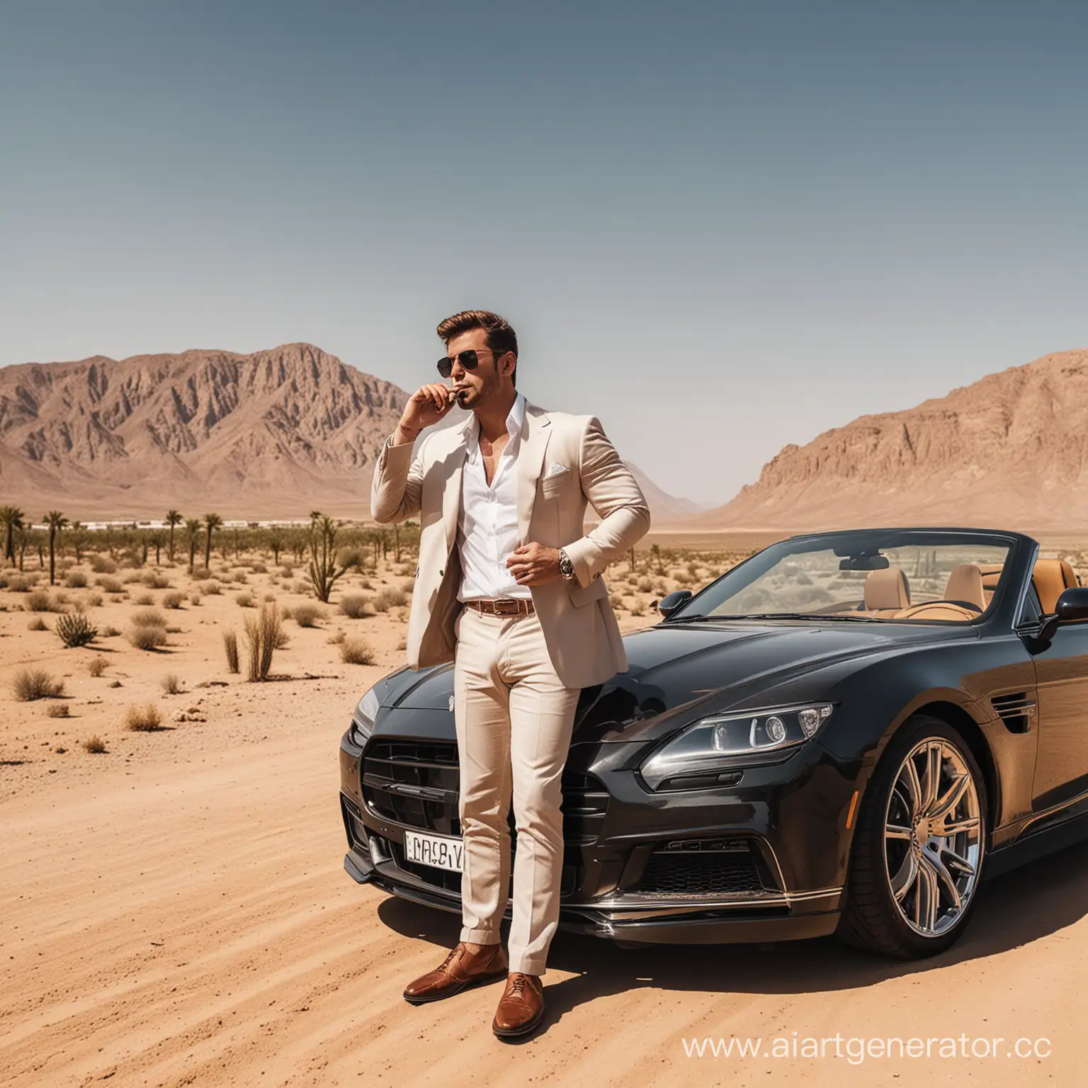 Affluent-Man-Posing-with-Luxury-Car-in-Desert