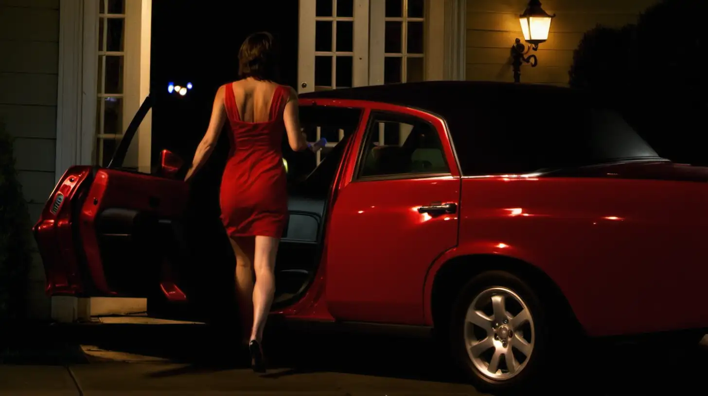 open driver’s side door of a red car, night time, a woman steps out wearing red dress