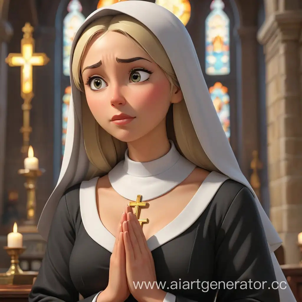 Blonde-Nun-in-Deep-Dcollet-Prays-Near-Icon-in-3D-Cartoon-Style