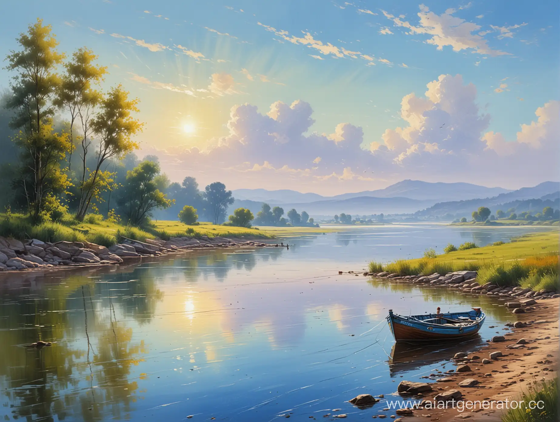 Масляная живопись, картина пейзаж, утро, светлое голубое небо, река и природа, рыбацкая лодка на берегу вдали