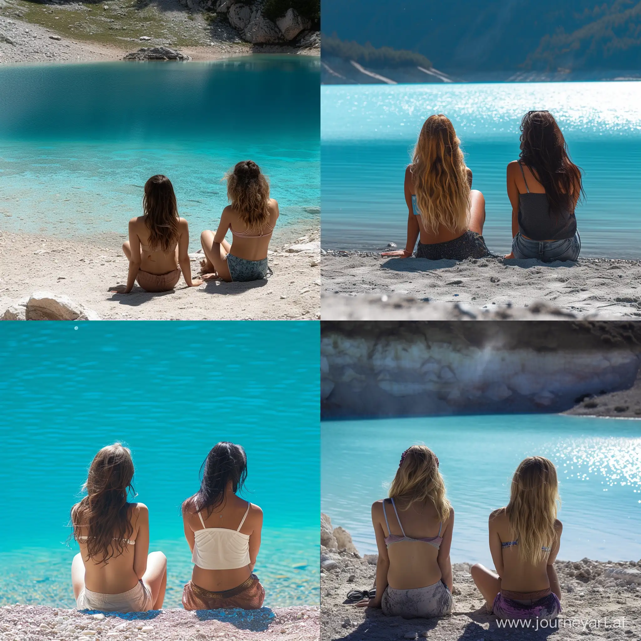 two girls are sitting with their backs on the beach near the blue lake