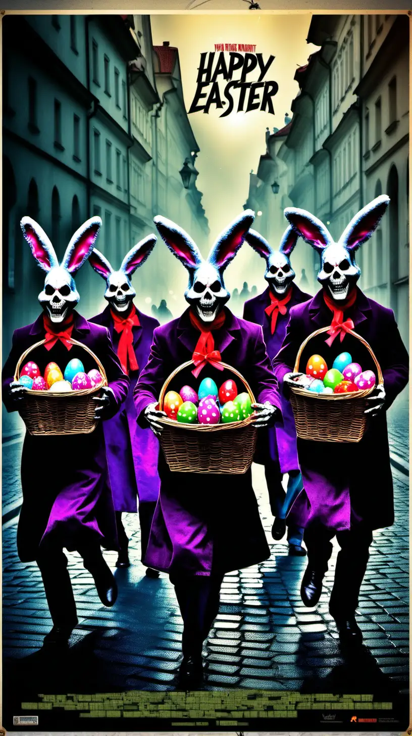 Movie poster with the title "HAPPY EASTER", where a darkened street in Prague is full of undead carolers, they have a basket with Easter eggs in one hand and a pom pom in the other. All in motion and in the style of eighties movie posters. -- Cinematic haze -- Powerful action -- Dynamic movement -- Intense emotion --Cinematic haze --powerful action --dynamic movement --intense emotion