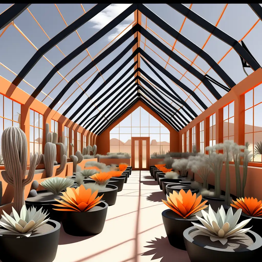 perspective of a futuristic botanical garden greenhouse housing a natural ecosystem from the sahara desert. The greenhouse is permeable and built of wood with equalaterial gable-shaped structural frames. It Is located in the Arizona desert. Crowded. Graphic novel style, in black, gray, and orange. No tables or forniture? Holding a lecture and dinner.
