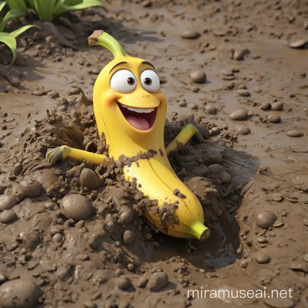 a happy banana laying in the mud, with some mud over it
3D animation