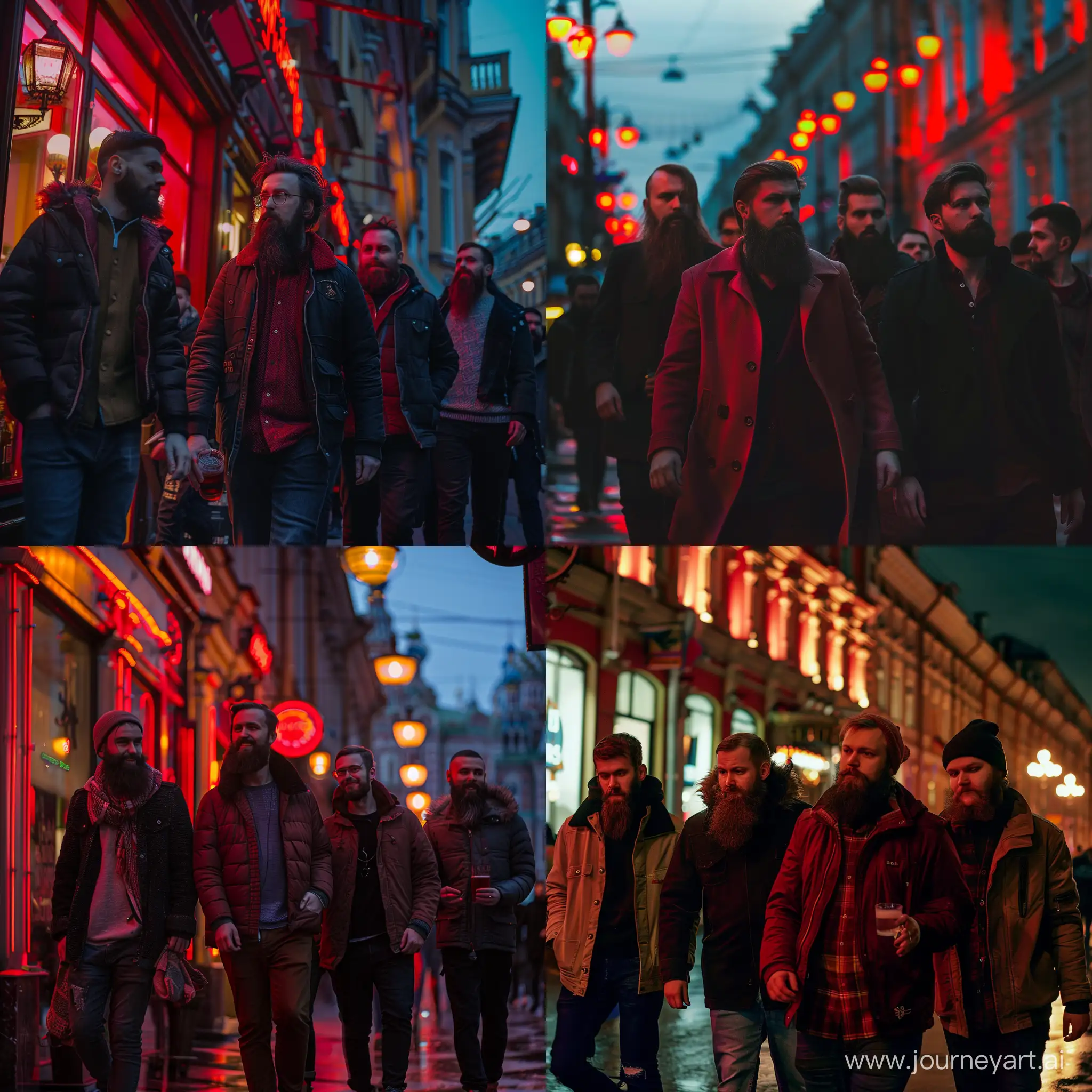 A group of bearded young friends go for a walk in St Petersburg in the evening to have a drink in a bar on the occasion of a men's holiday, red and black colour scheme, dramatic lighting, detailed