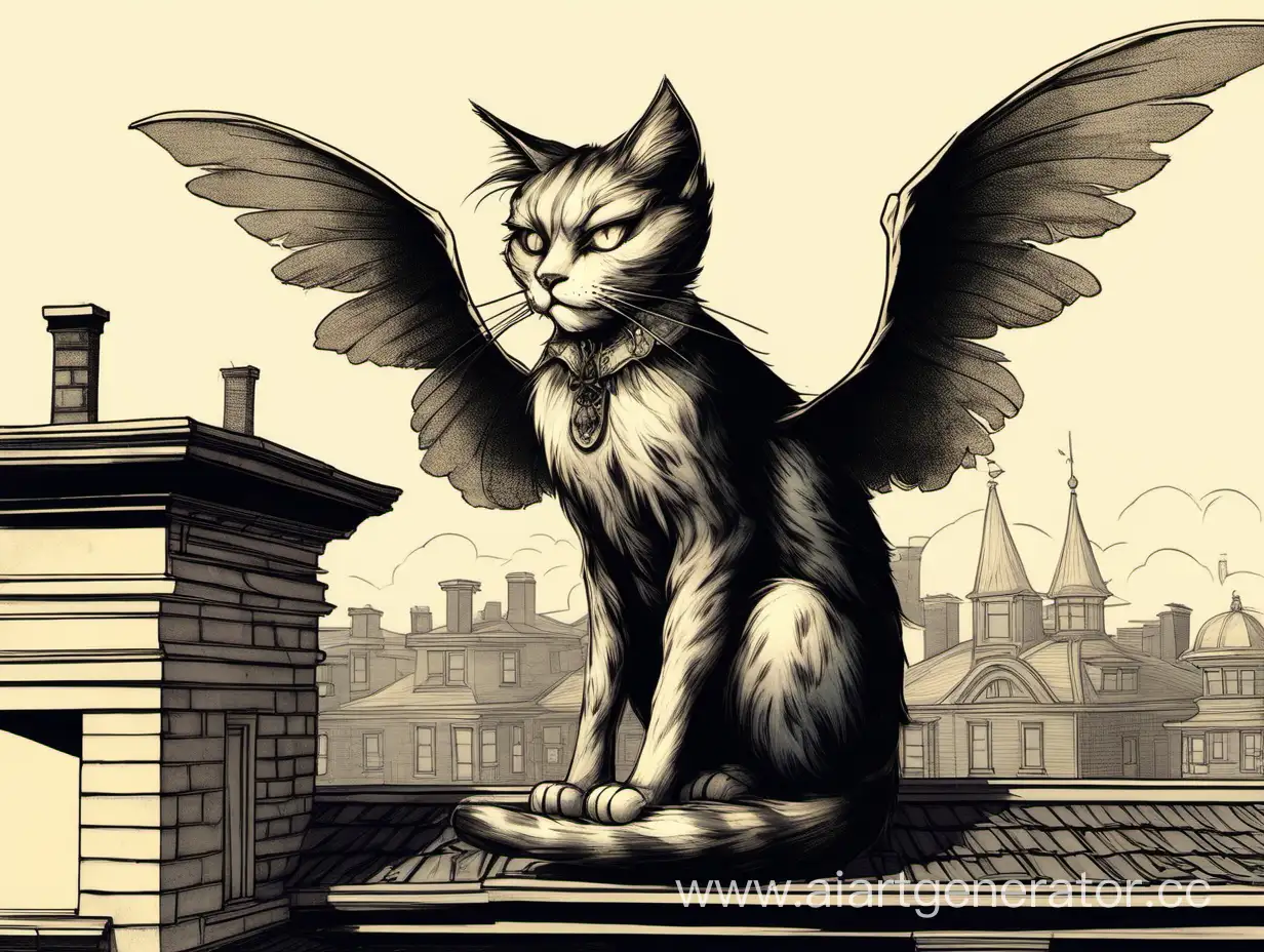 дворовый Кот с крыльями в области спины цвета его шерсти, сидящий на крыше здания викторианской эпохи