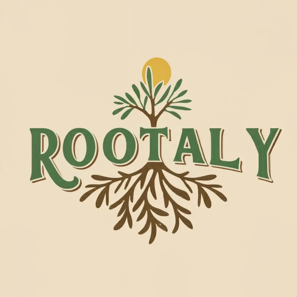 a logo design,with the text "ROOTALY", main symbol:MINIMALISTIC logo design, with the text 'ROOTALY', GREEN, WHITE, RED, PLANTS, OLIVE TREE, YELLOW SUN, ROOTS, GROUND, DEEP, ITALIAN, TRADITIONS, DELICUOUS,Moderate,be used in food industry,clear background