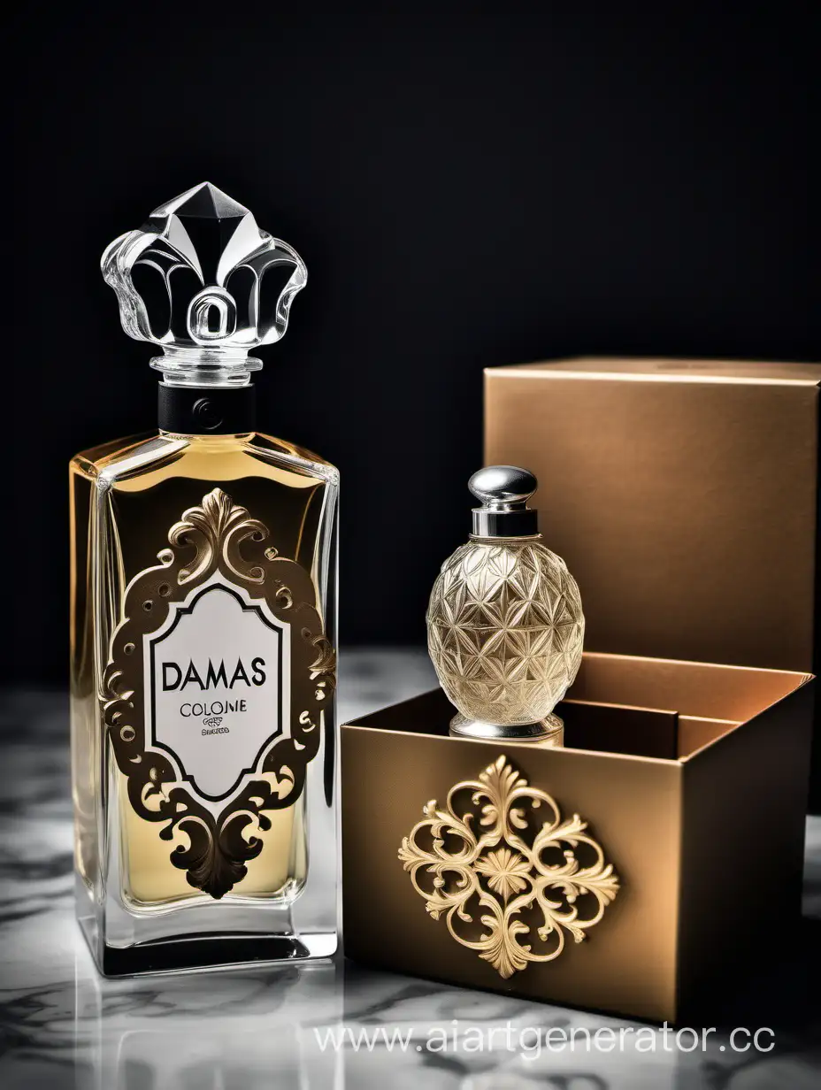 a bottle of damas cologne sitting next to a box, a flemish Baroque by Demetrios Farmakopoulos, instagram contest winner, dau-al-set, dynamic composition, contest winner, feminine