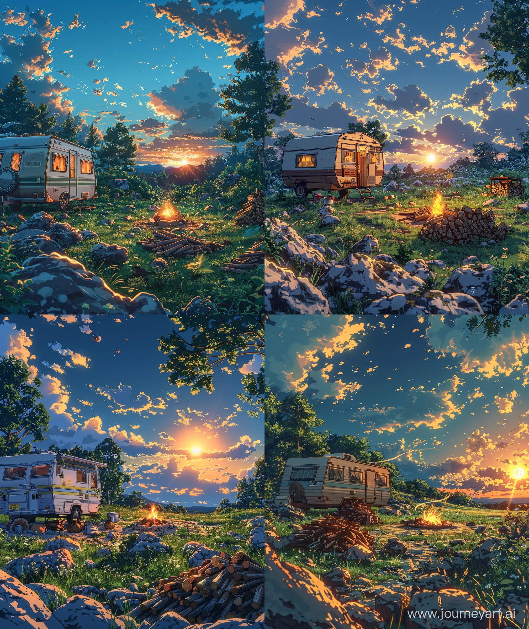 Beautiful anime scenary, mokoto shinkai style, big Caravan camping view, rocks and grassy ground, Bougainville decoration Caravan, fire pit, piles of wood, evening time,  sun showing, clouds, breeze, illustration, close up view, ultra HD, "high quality", sharp details, no hyperrealistic --ar 27:32 --s 400