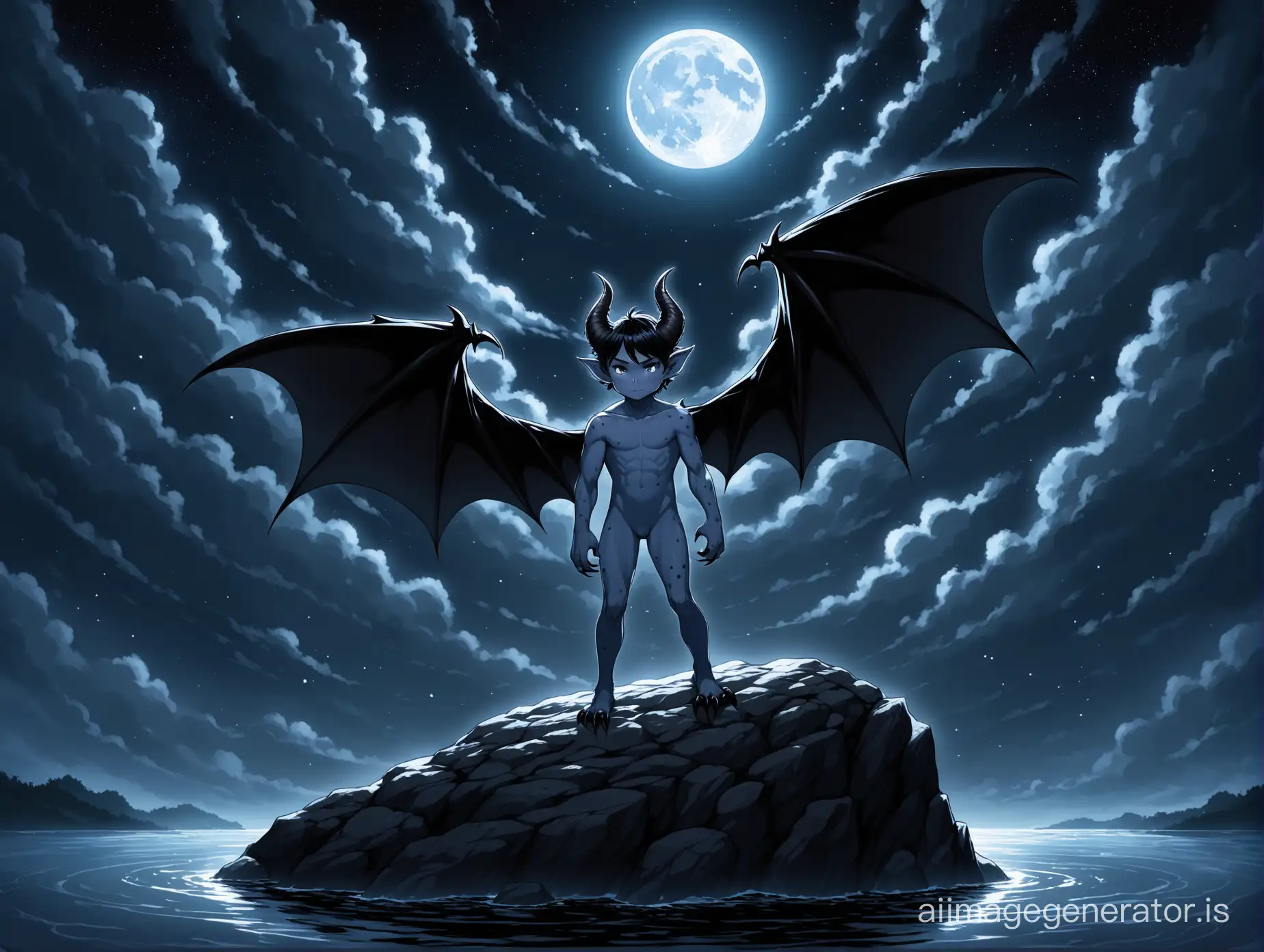 its Night.
We see a nude demon-boy with humanoid proportions, a large tail and very smooth gray-blue skin and some freckles. He has natural bat-like wings and a Tail. He has pointet ears. He has dark hair. He has claws instead of fingers and toes. He has animal-like feets. Two natural small horns without any struckture growing from the boys forehead. He stands on a Rock in a dark cloudy Night. Show the entire boy in a long shot.  He stands on a Rock in a dark cloudy Night. Show the entire boy in a long shot. 