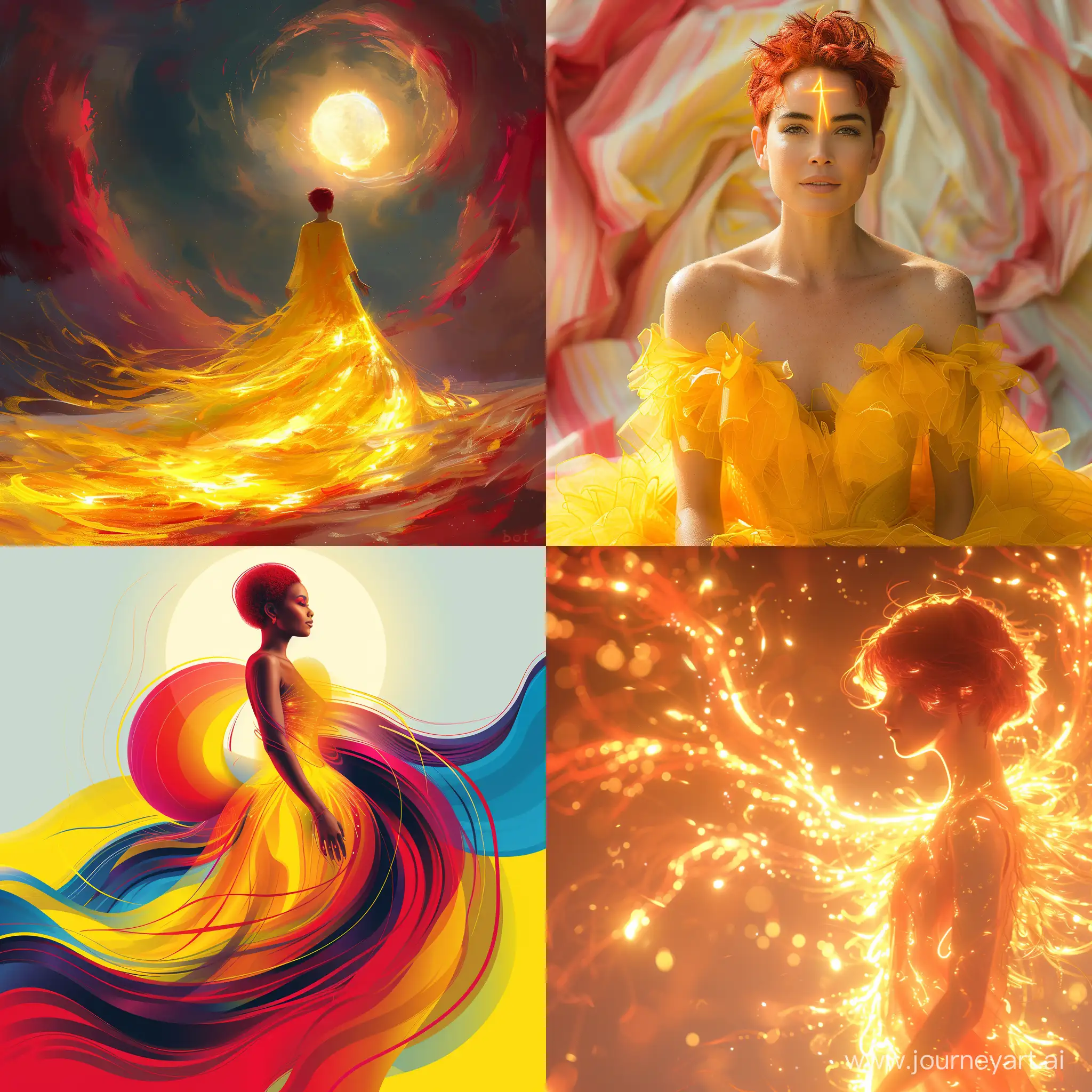 Good Morning illustration, sun, a woman with short red pixie cut hair dressed in a yellow dress made of sunlight, in the style of wlop, fluid blending forms, swirling colors, in the style of josh adamski, light pink and dark amber, light red and dark cyan —chaos 50  —stylize 800 --v 6 --ar 1:1 --no 91438