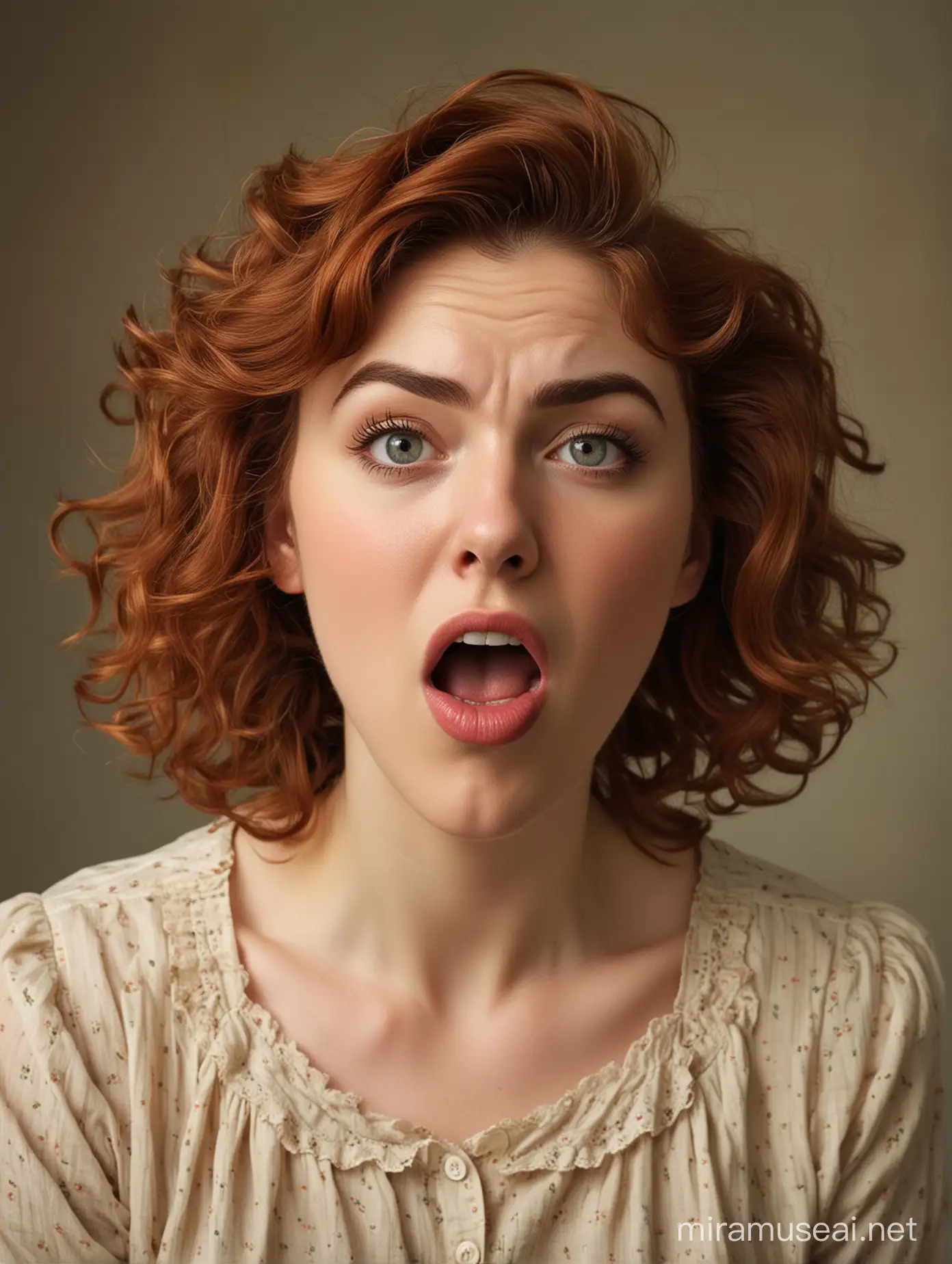 The woman in the image appears to have an expression of surprise or shock, with her eyes wide open and her mouth agape. Her eyebrows are raised, which usually indicates that she's startled or taken aback by something unexpected. Her appearance is somewhat retro, with curly, shoulder-length auburn hair and what seems to be a vintage style to her clothing, suggesting a classic or period aesthetic. The overall impression is that of a dramatic, exaggerated response, the kind that might be used in visual media to convey an immediate and strong emotional reaction.
