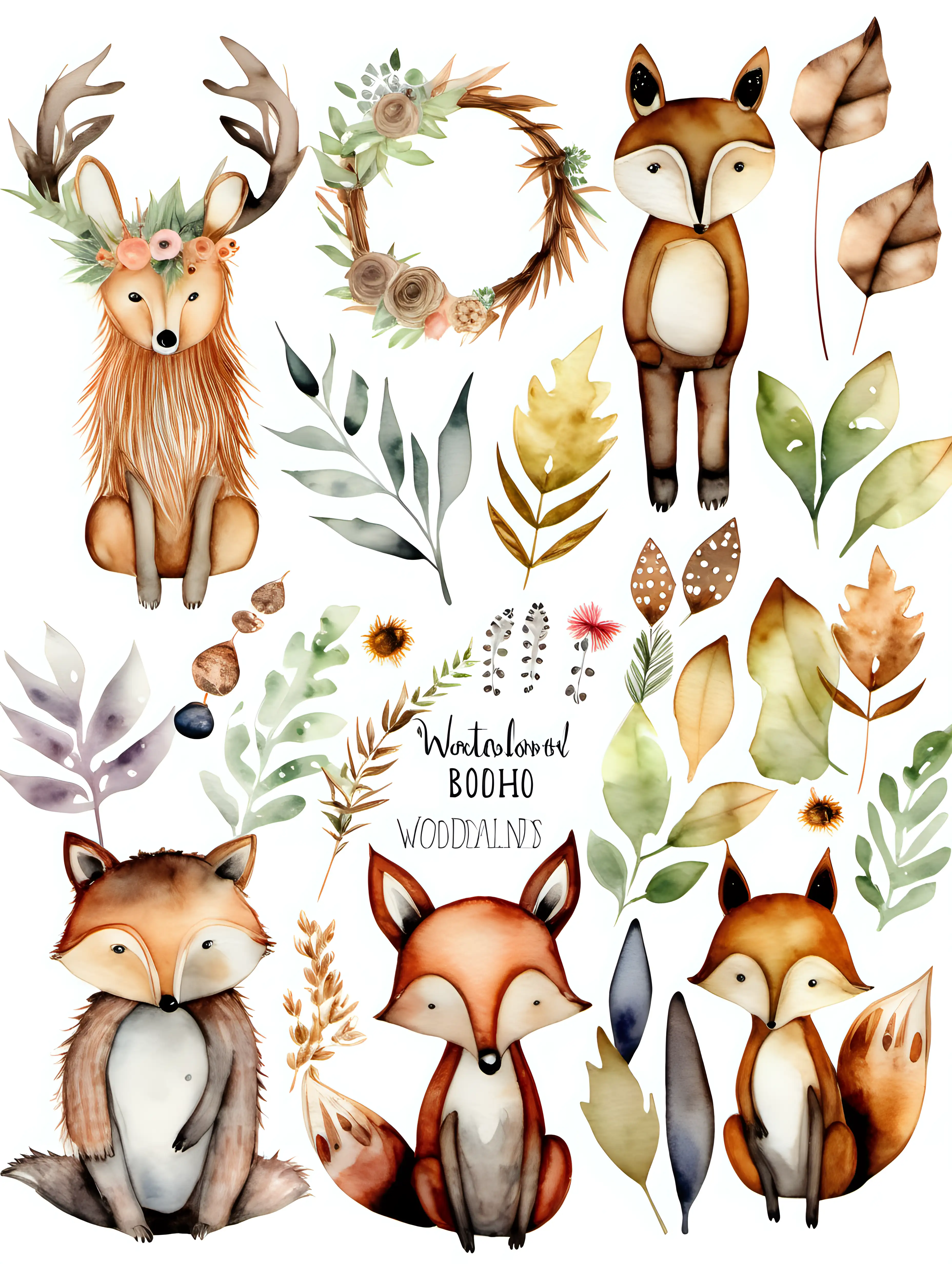 watercolour boho elements woodland clipart, isolated background, suitable for a nursery
