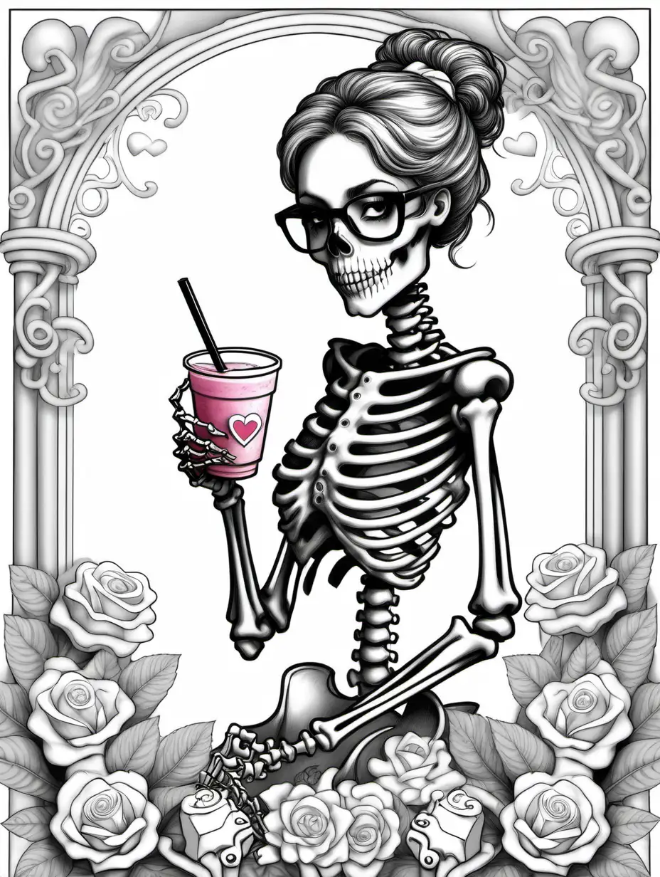 Coloring book style Valentine’s Day theme female skeleton wearing reading glasses is reading a steamy novel and drinking iced frappé. Do not crop images. All is contained behind border frame.white border around outside
