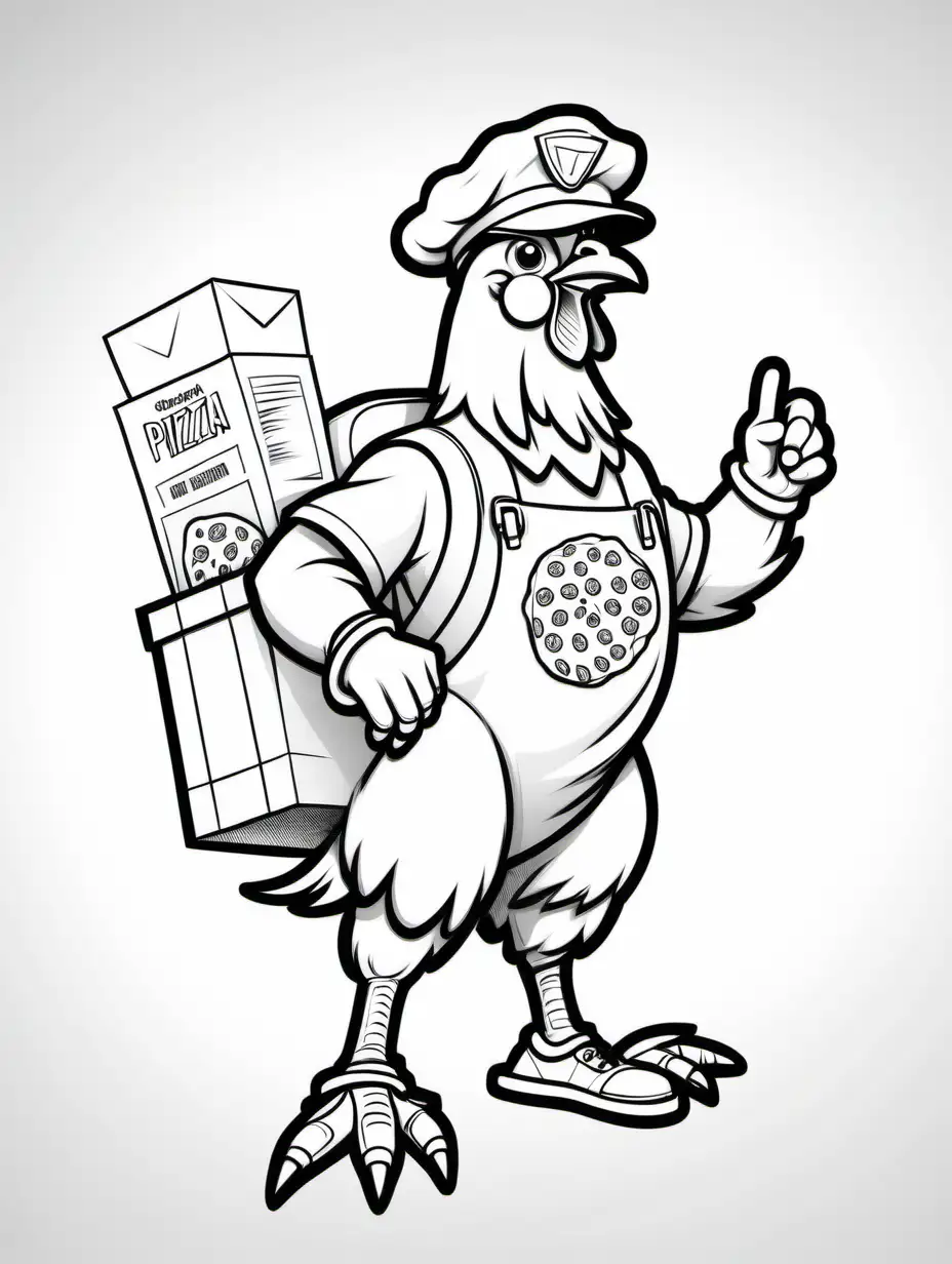 Funny Chicken Dressed as Pizza Delivery for Kids Coloring Page