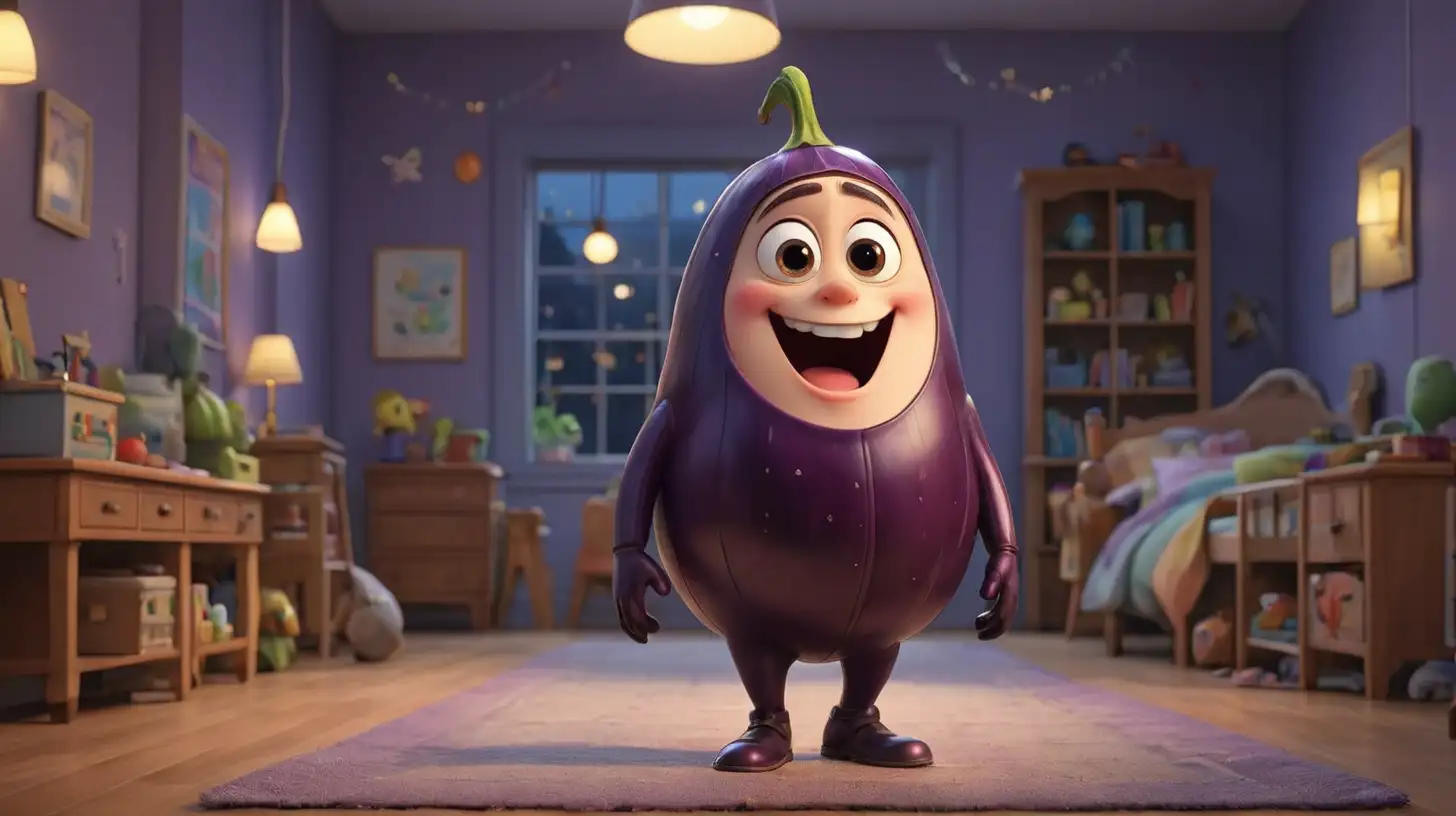 A little cute eggplant walks in a children's room like it's doing a fashion show, pixar movie style, at night