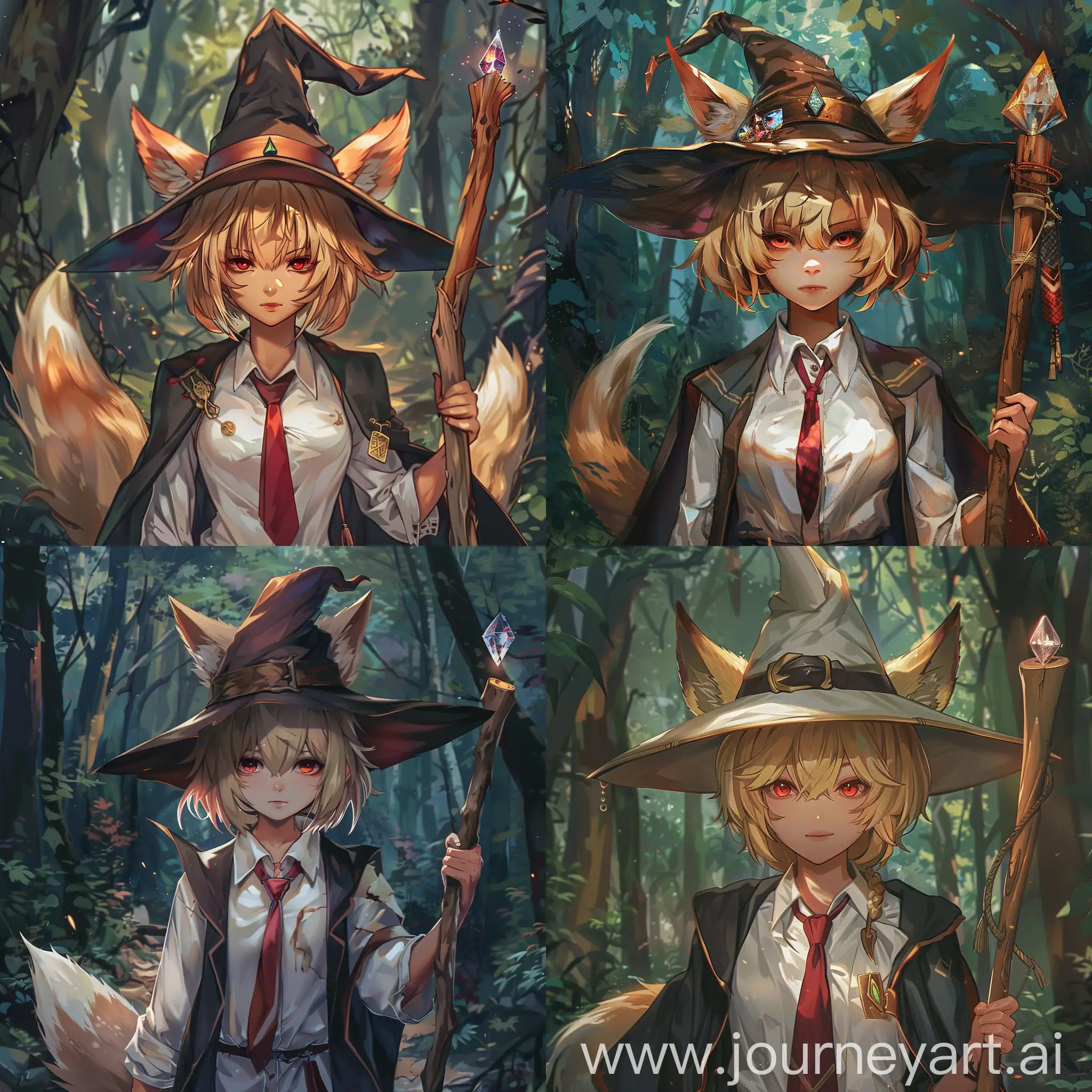 Blonde-Kitsune-Wizard-Strolling-Through-Dark-Forest-with-Wooden-Staff